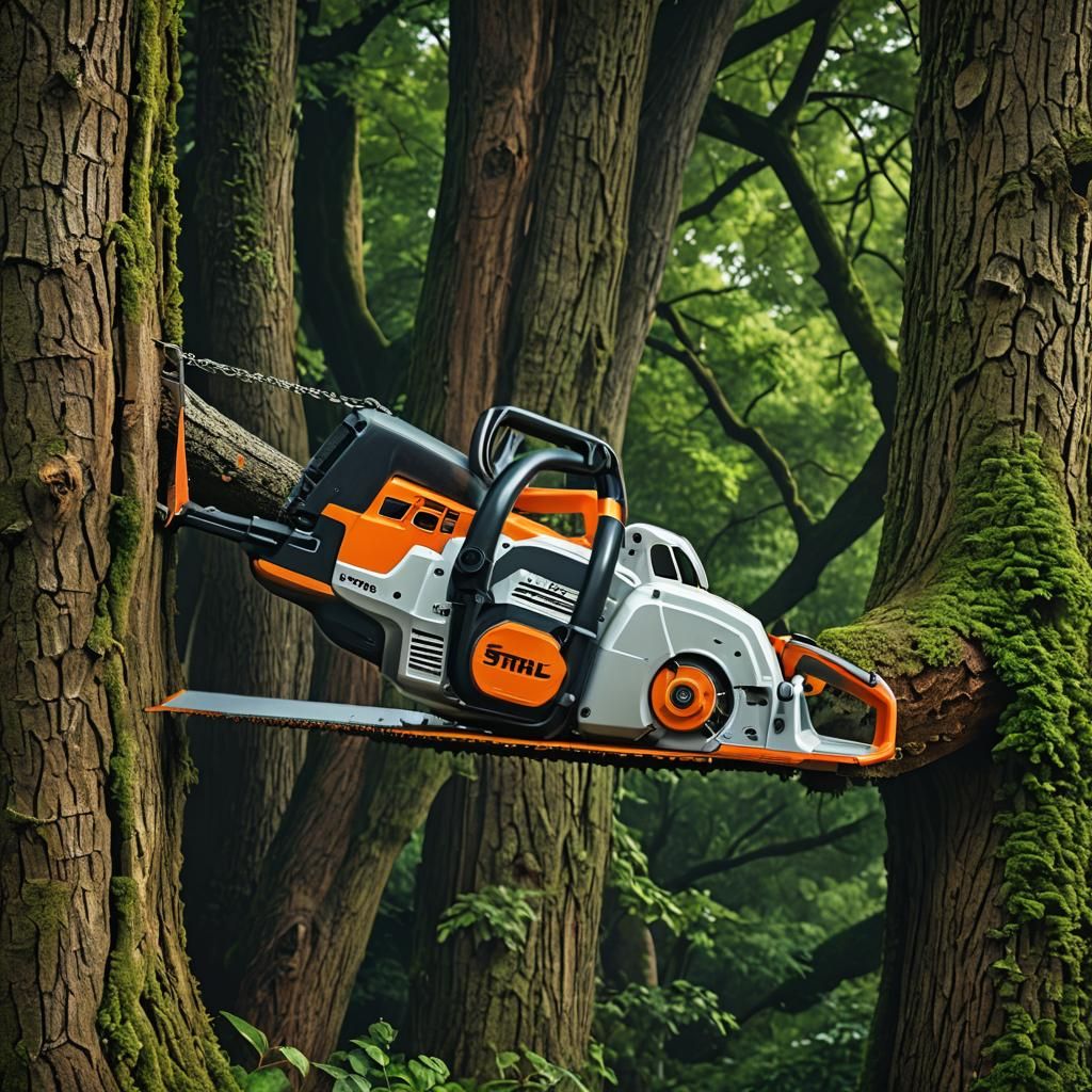Hyperrealistic STIHL Saw Over Tree Trunk