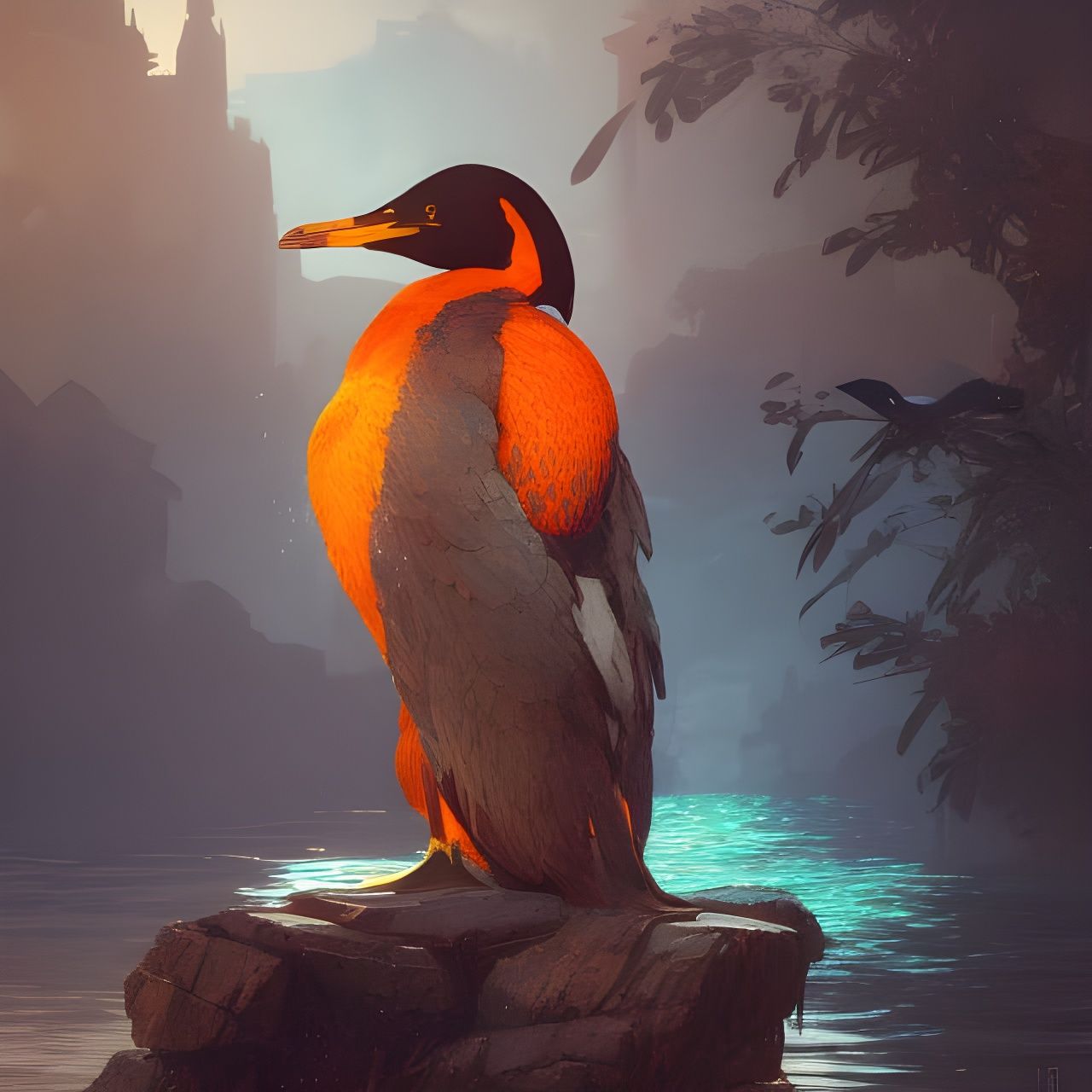 Majestic Cormorant by Water: Digital Art