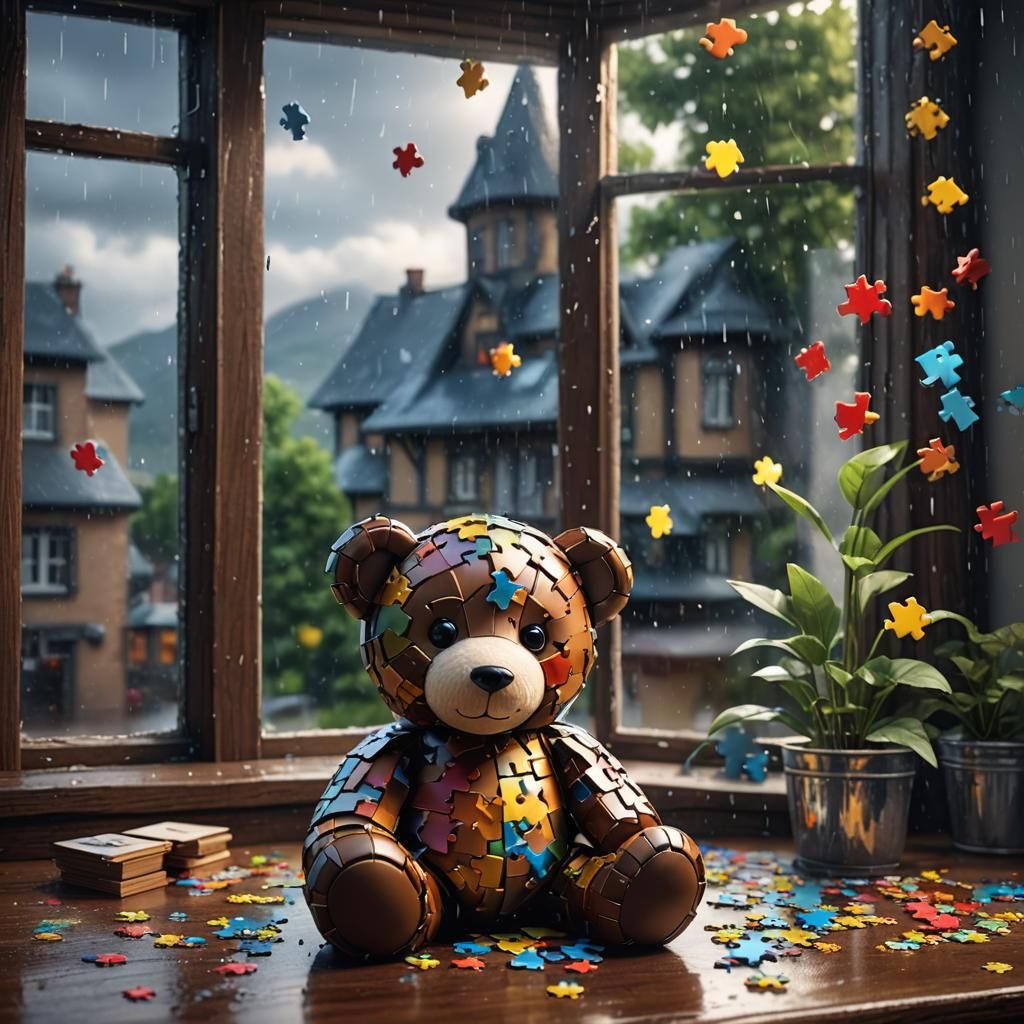 A cute teddy bear made of puzzles pieces sitting on a table ...
