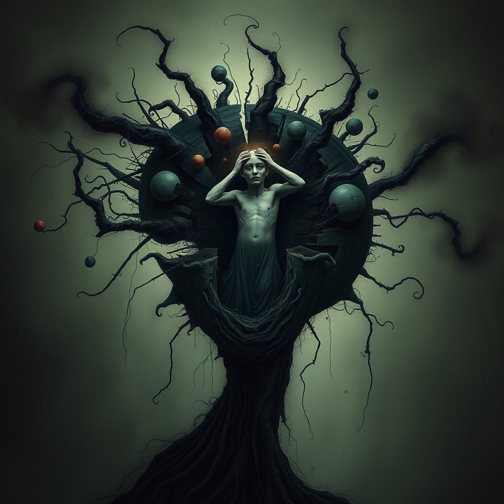 Surreal Portrait of Inner Turmoil in Cyberpunk Style