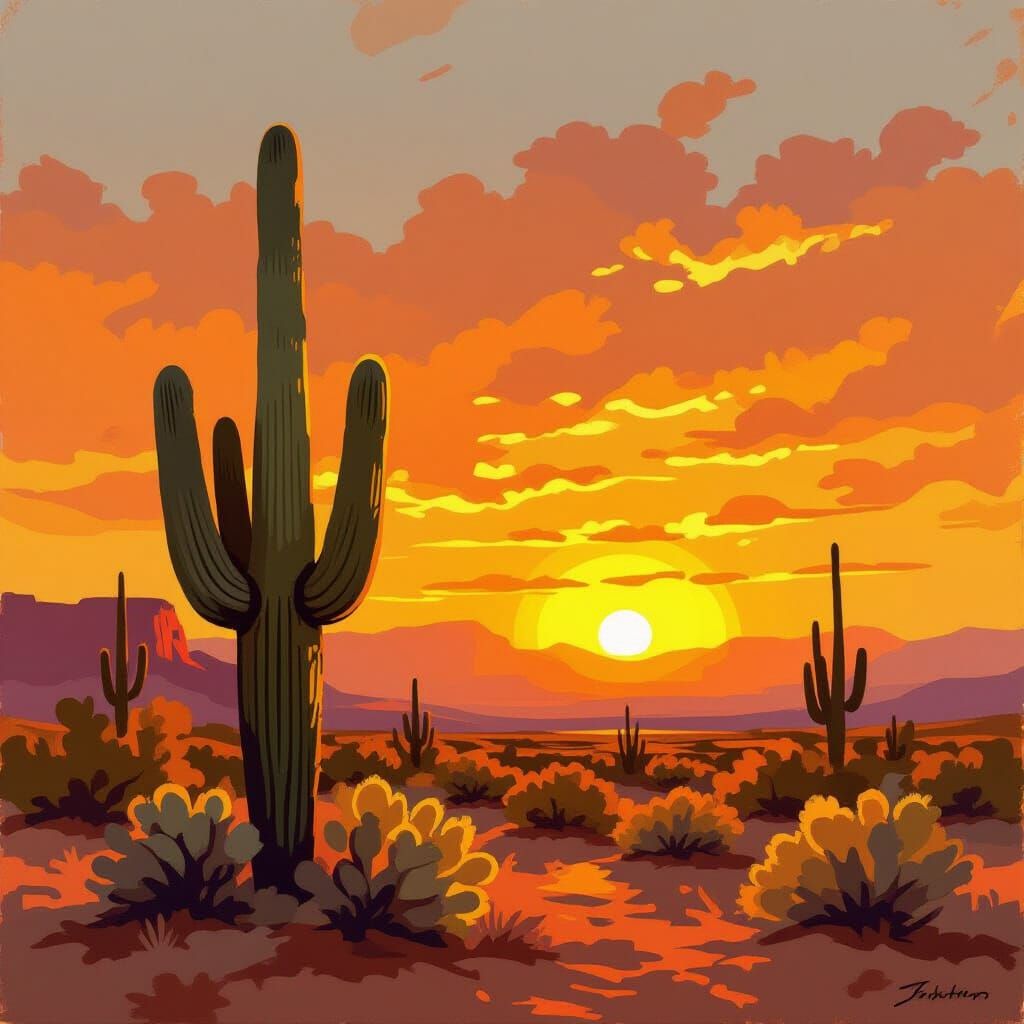 Desert Cactus Sunset in Vibrant Western Art Style