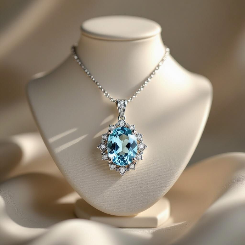 Aquamarine Pendant Display as Ornate Still Life