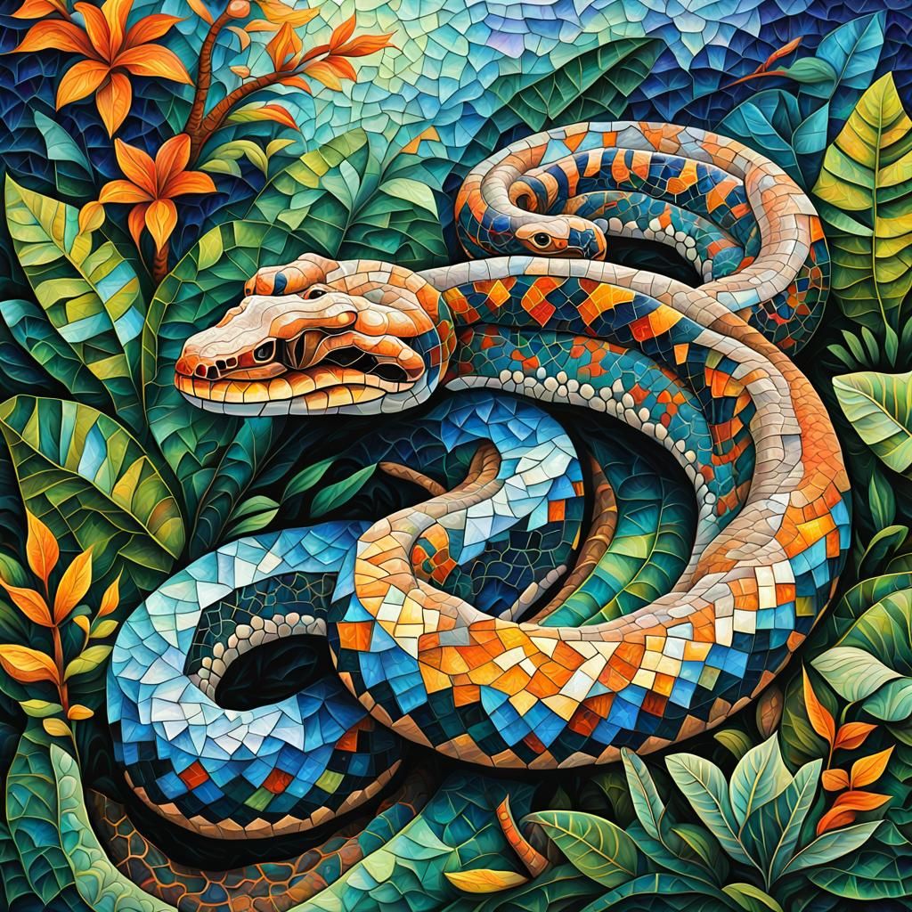 Mosaic Boa Constrictor in Jungle, Expressionist Style