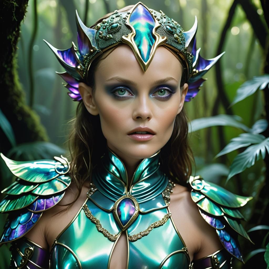 Luminescent Jungle Woman in Iridescent Armor