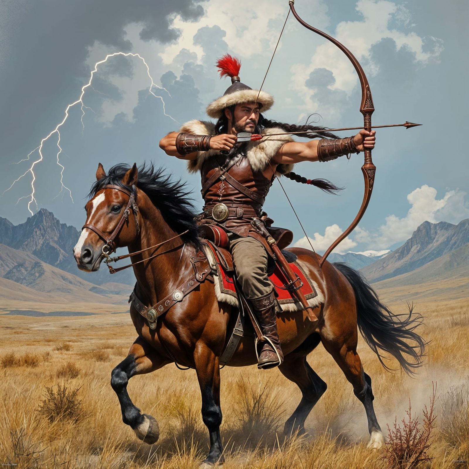 Mongolian Archer on Horseback in Steppe Landscape