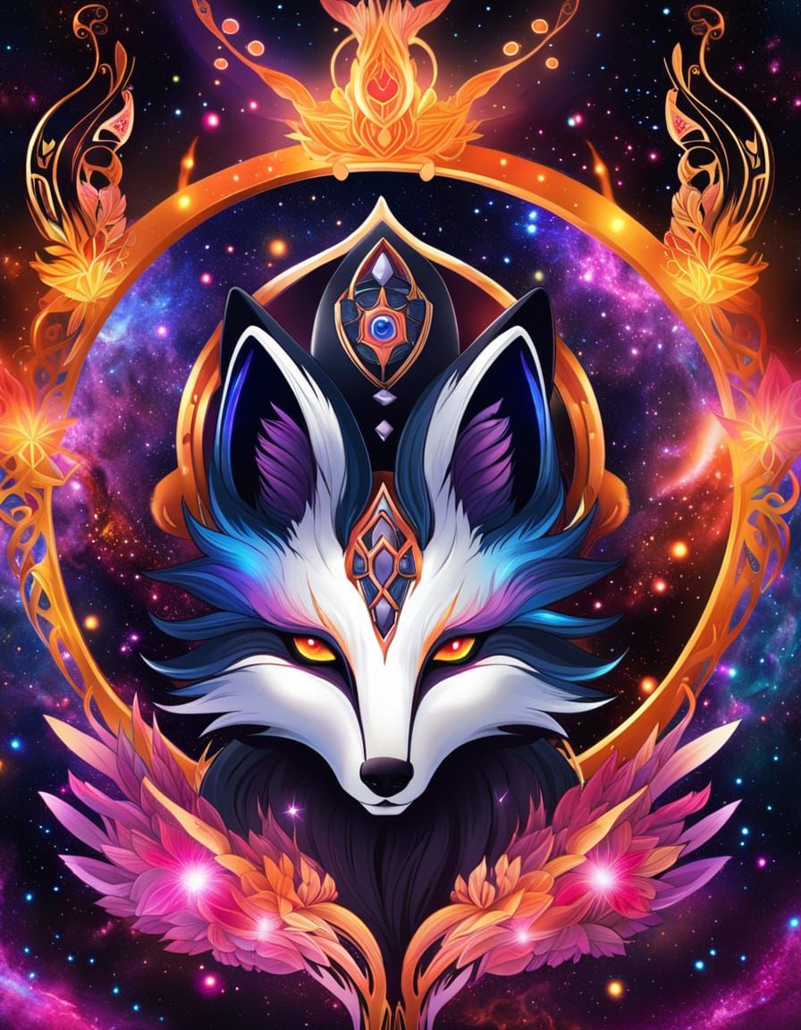 Flaming Space Fox in Aetherpunk Fantasycore Style