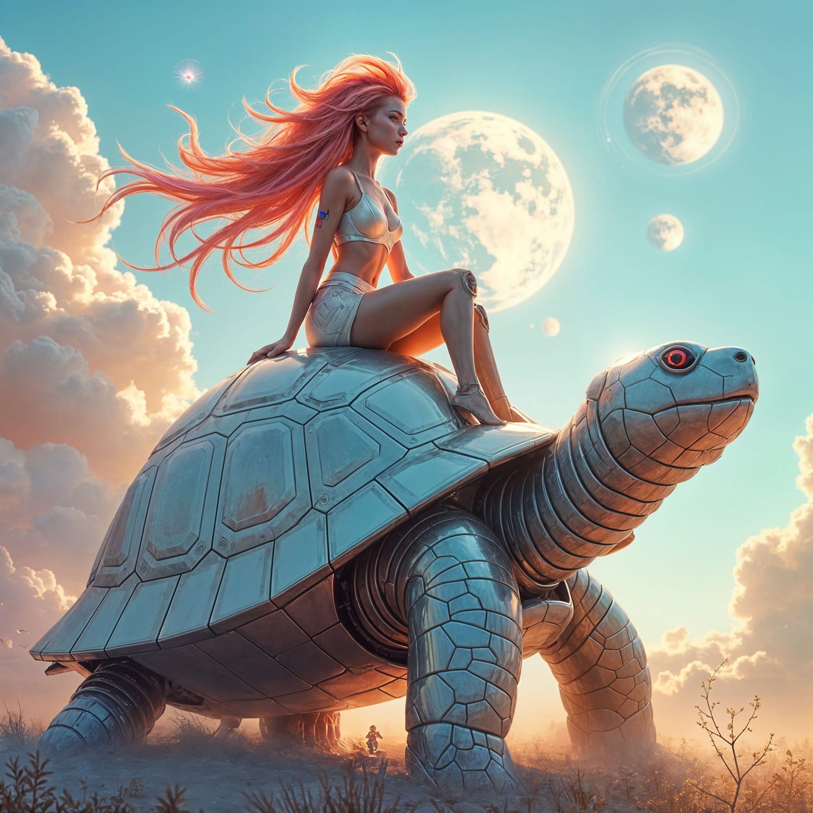 Girl Rides Robotic Turtle in Pastel Cyberpunk Landscape