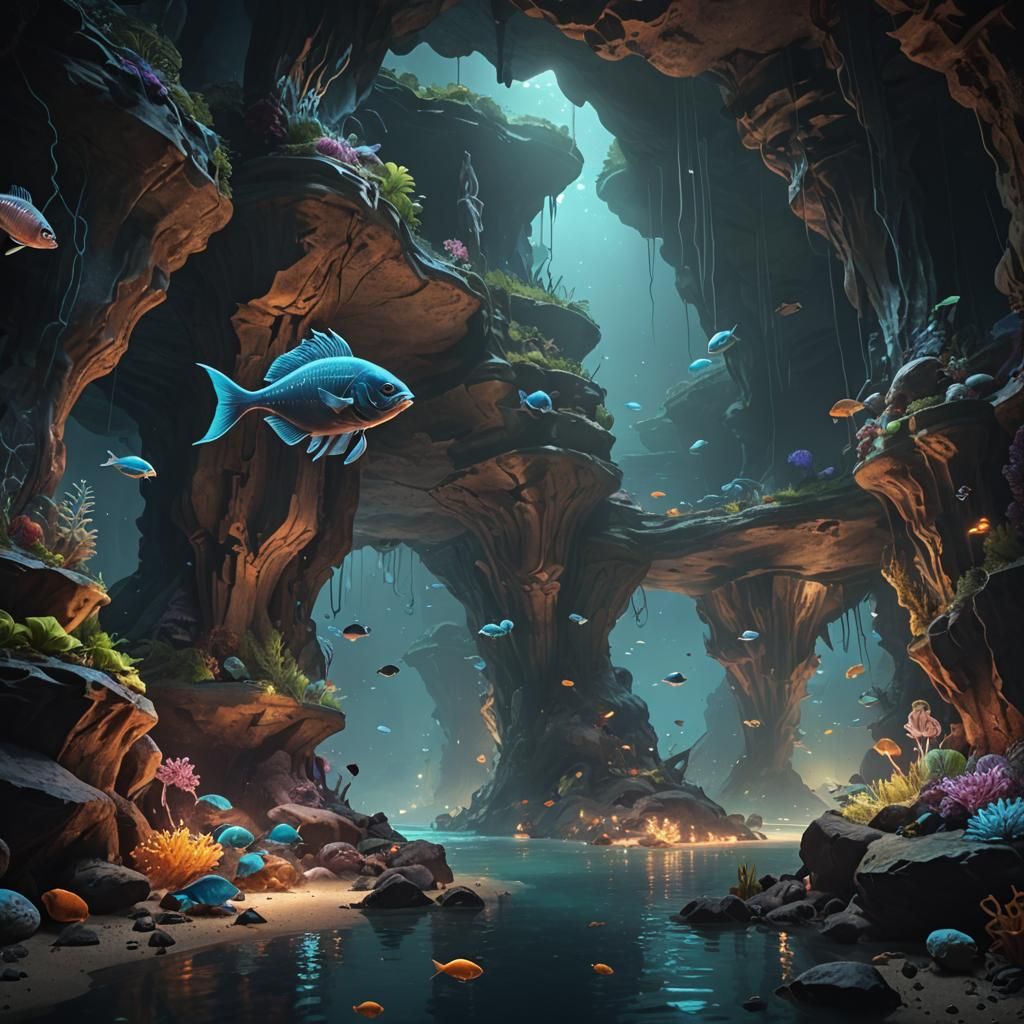 Bioluminescent Fish in Underground Cavern Biome