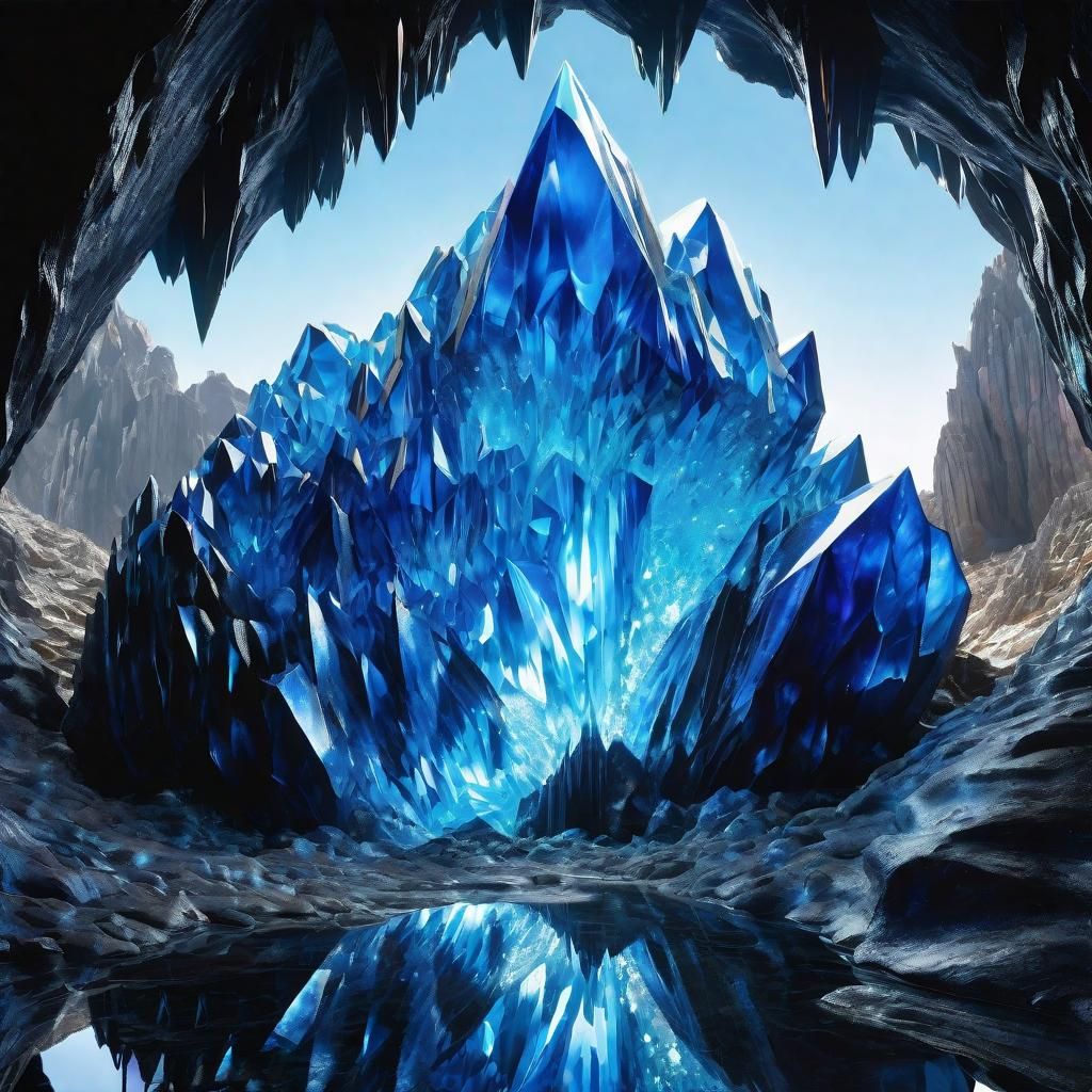 Inside a huge blue crystal cave filled with shimmering crystals