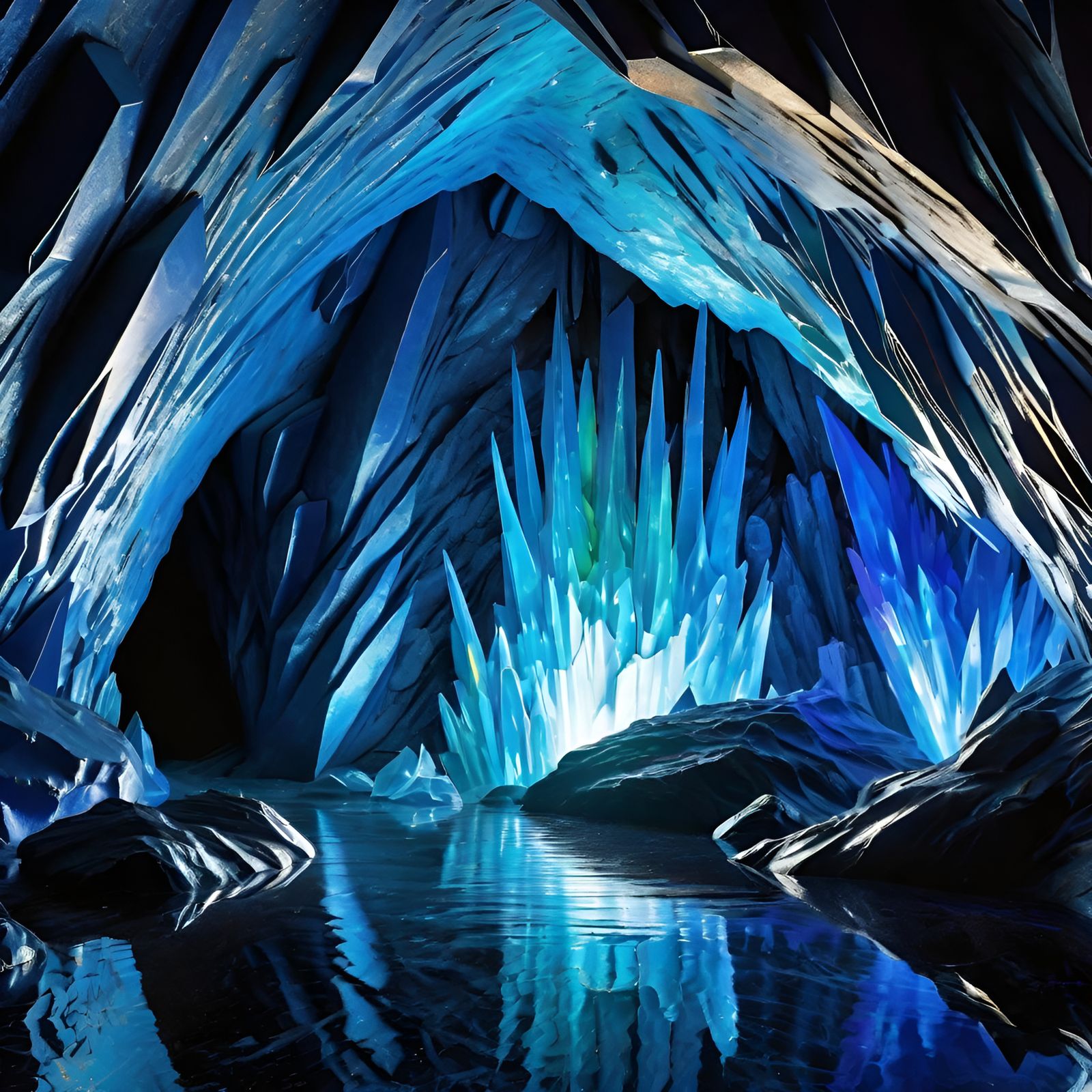 Cave filled with prismatic blue crstals