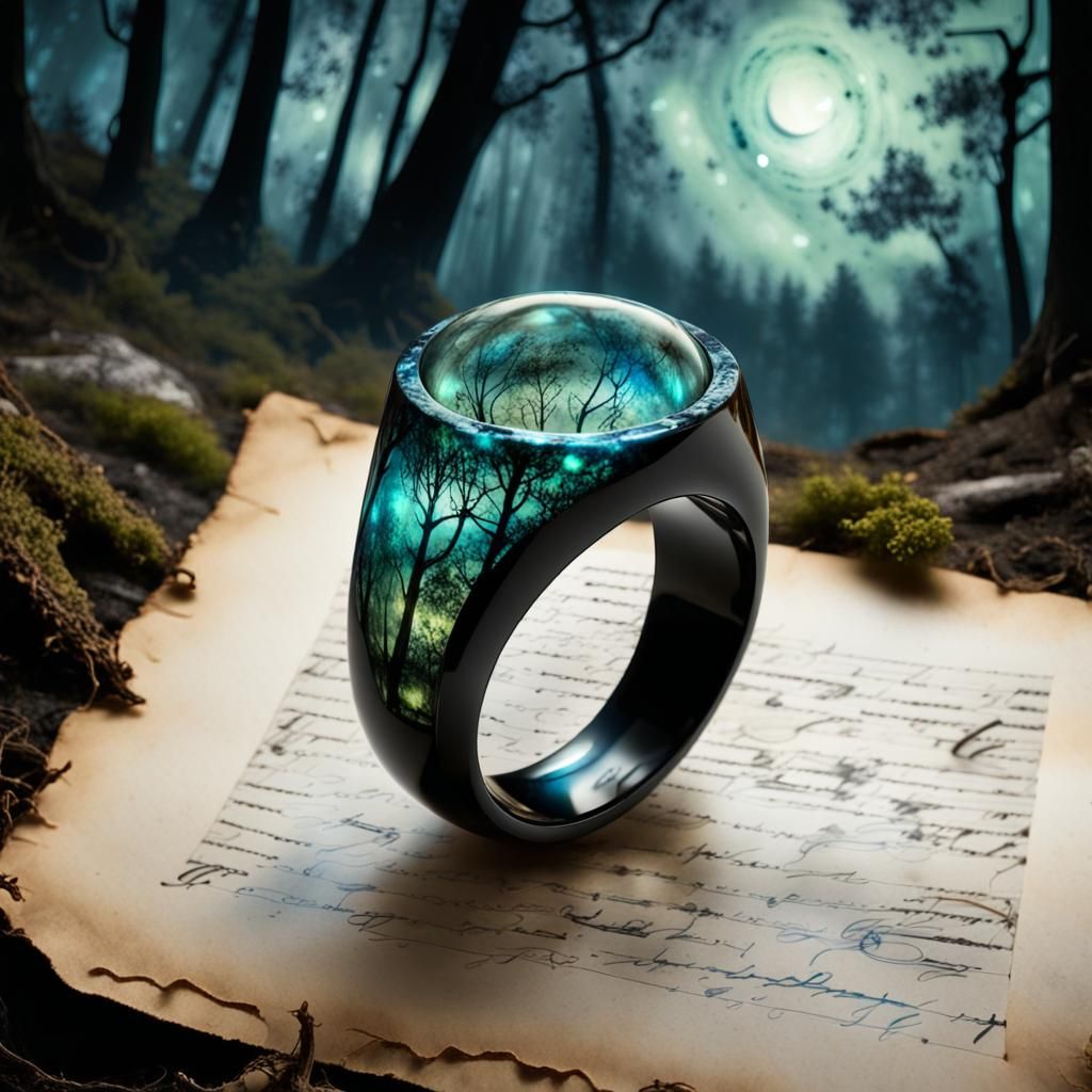Luminescent Elven Ring on Parchment in Forest Night