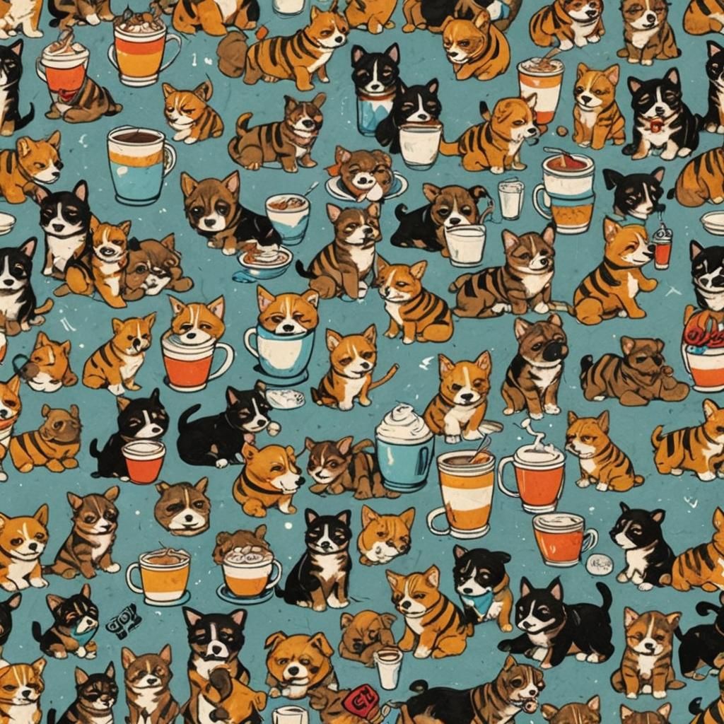 Superhero Puppy Sipping Cheesy Drink in City Street Art