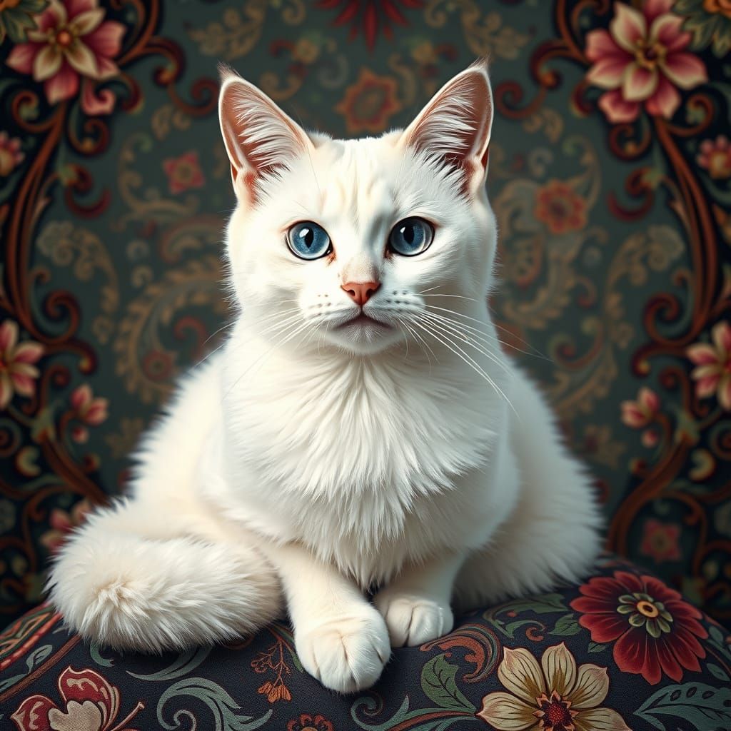 White Cat with Paisley Patterns in Art Nouveau Style