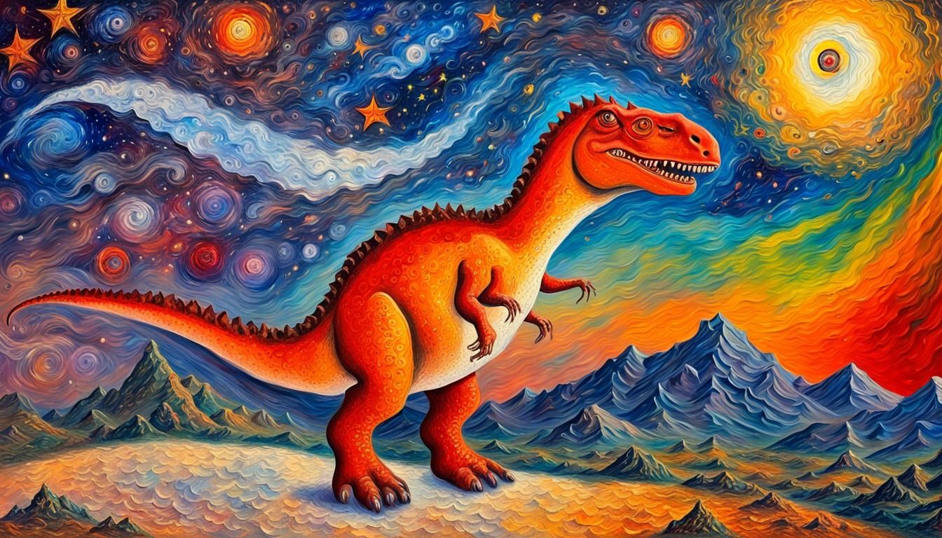 Starikosaurus Dinosaur Roaming Cosmos in Vivid Impasto