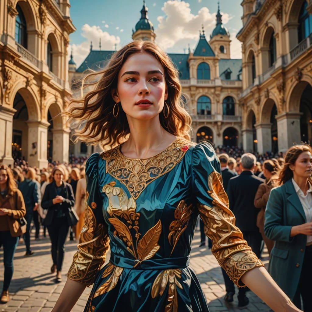 Beautiful Lady in Crowded Square, Expressionist Art