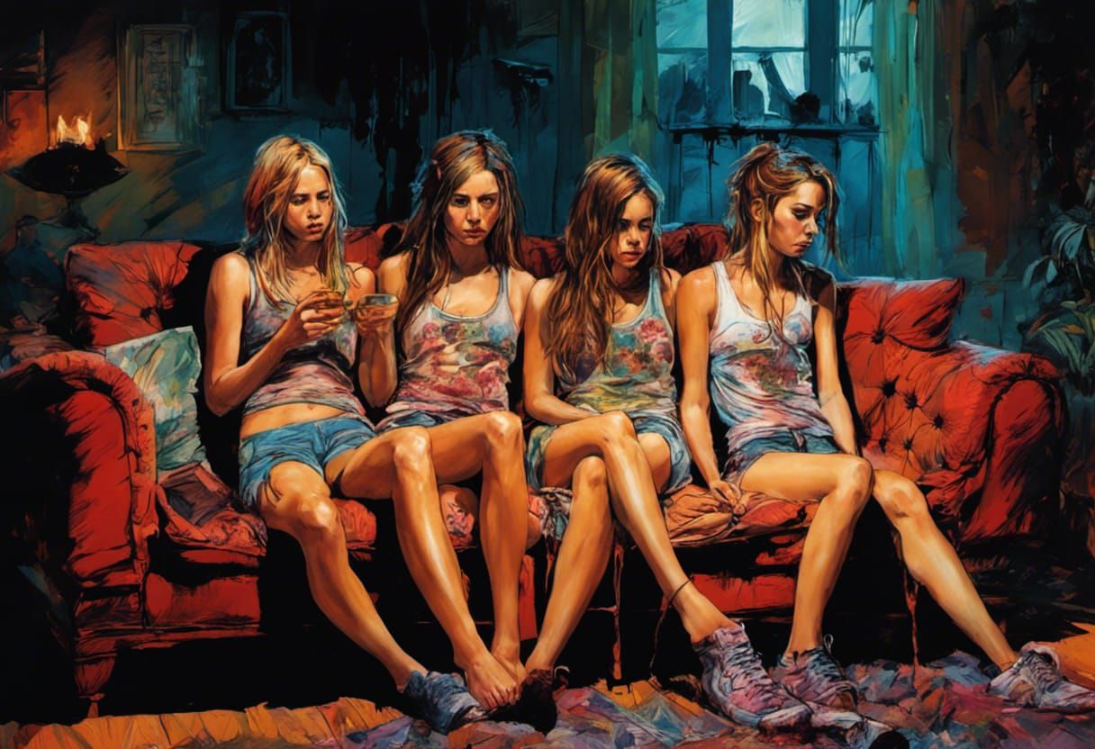 Scared Teens Watch Horror Movie in Carne Griffiths Style