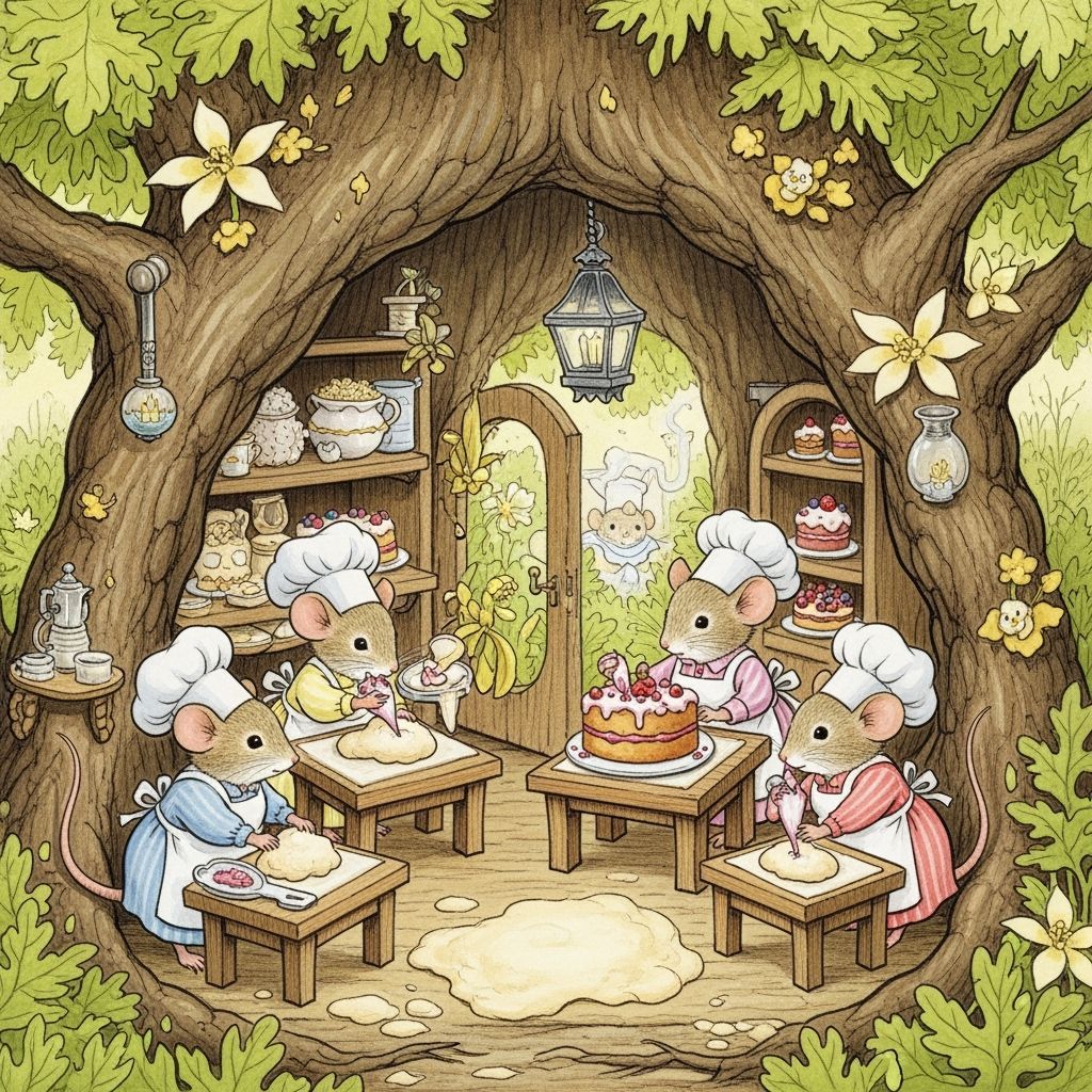 Mouse Bakery in Oak Tree, Whimsical Illustration