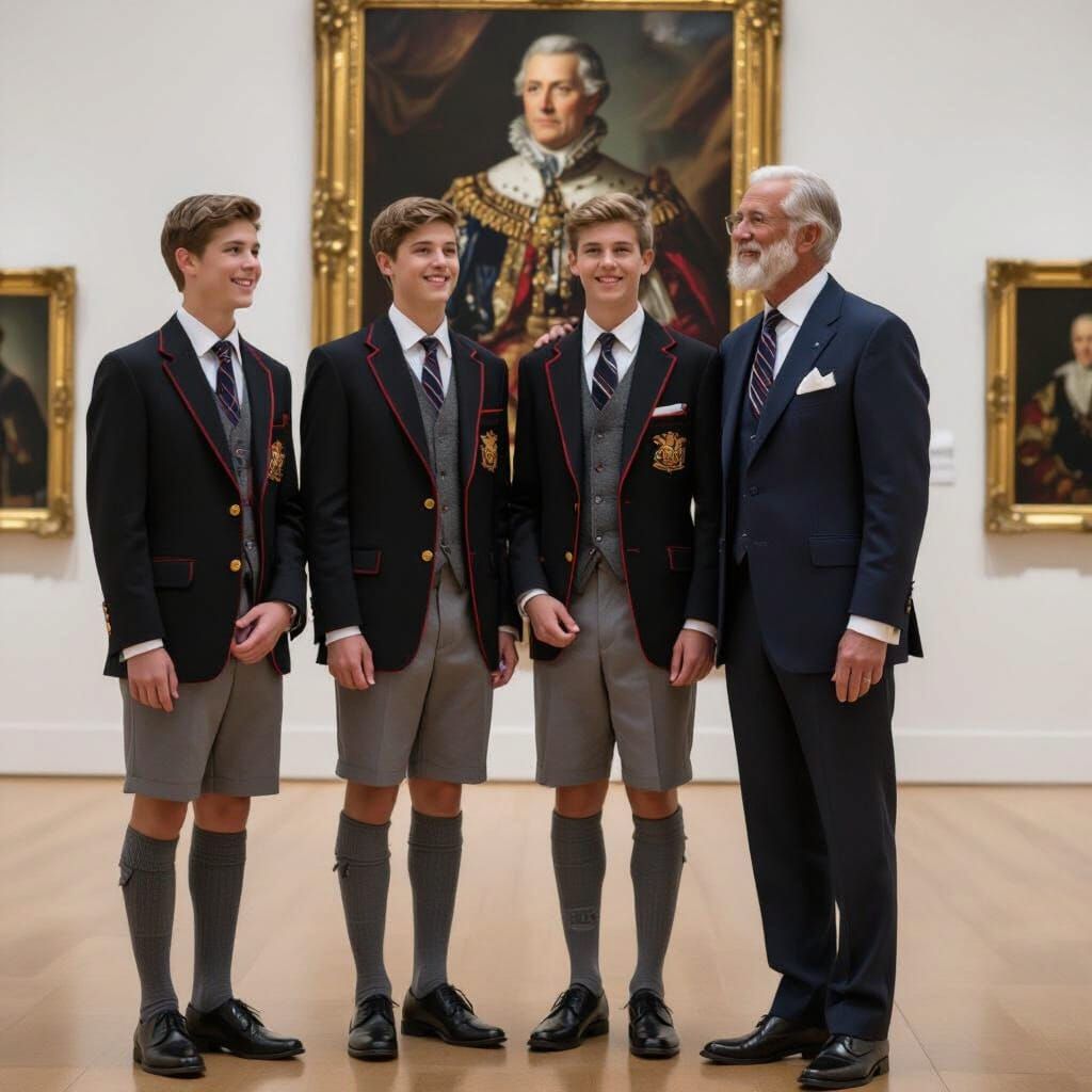 Teenage Boys and Gentleman Admire Art in Gallery