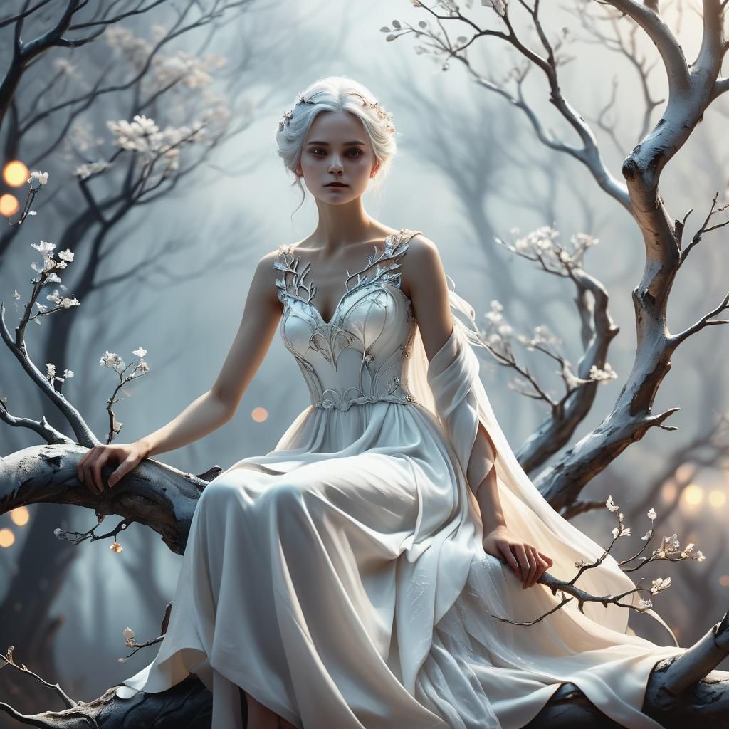 Monochrome Woman on Tree Branch: Fantasy Concept Art