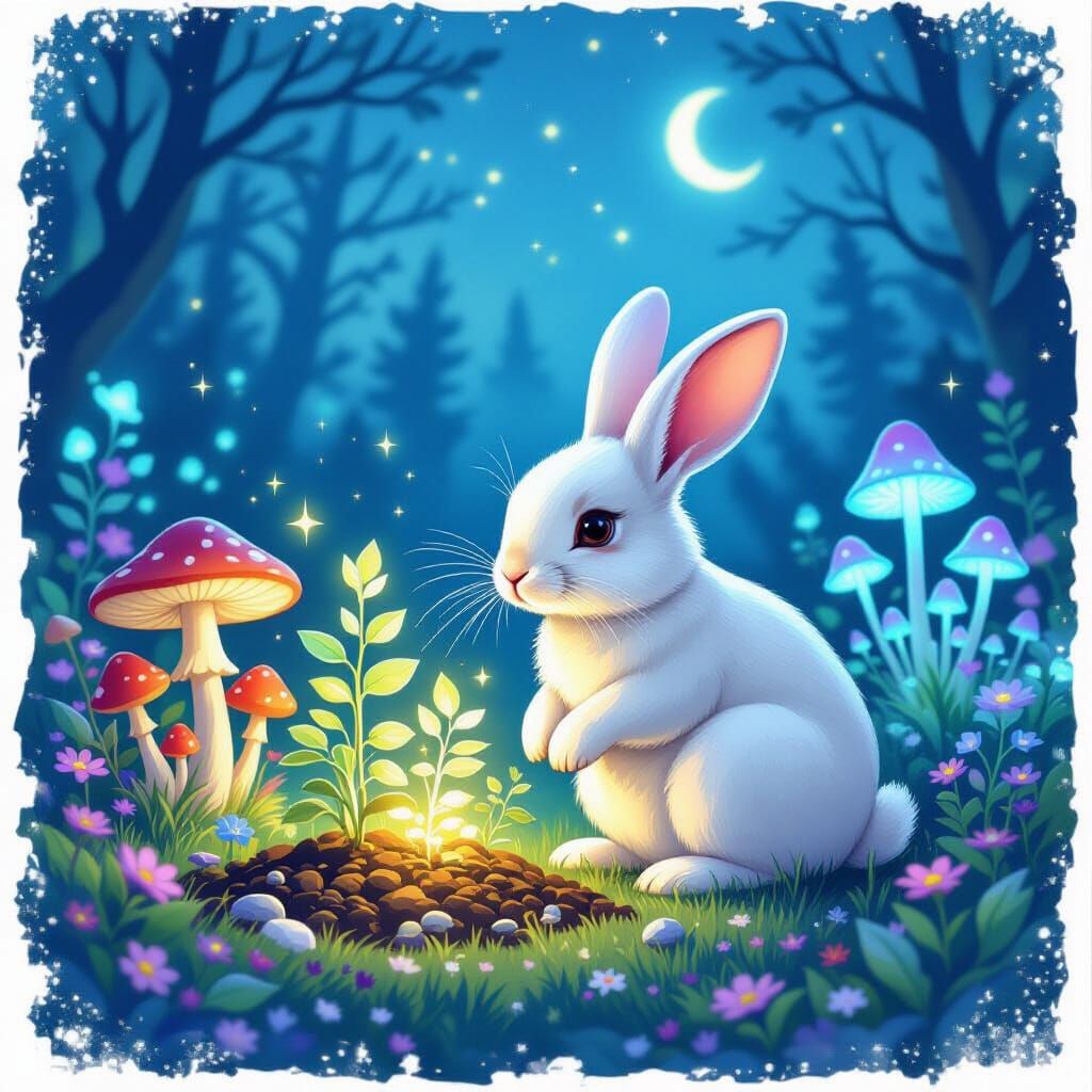 White Rabbit Tending Magical Twilight Garden