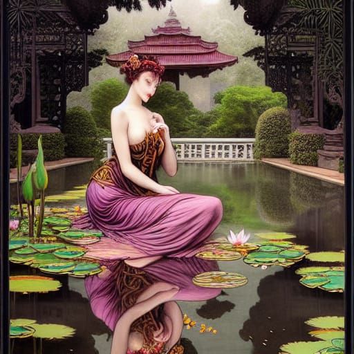 Woman by Lotus Pond in Rococo Style