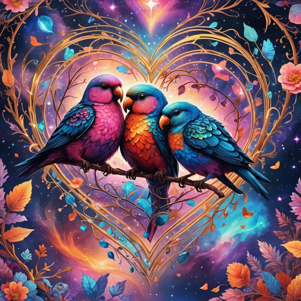 Lovebirds Form Heart in Cosmic Holographic Art