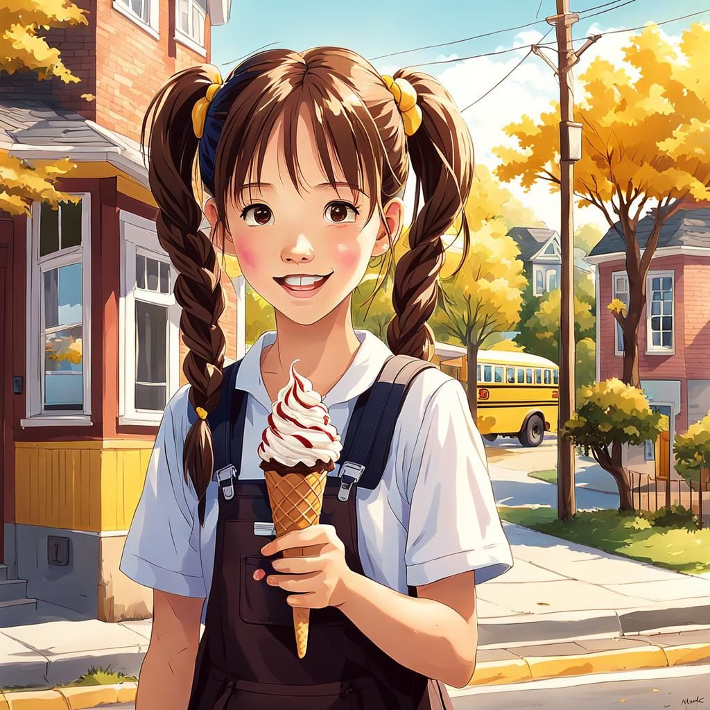 Girl with Ice Cream Cone in Anime Style