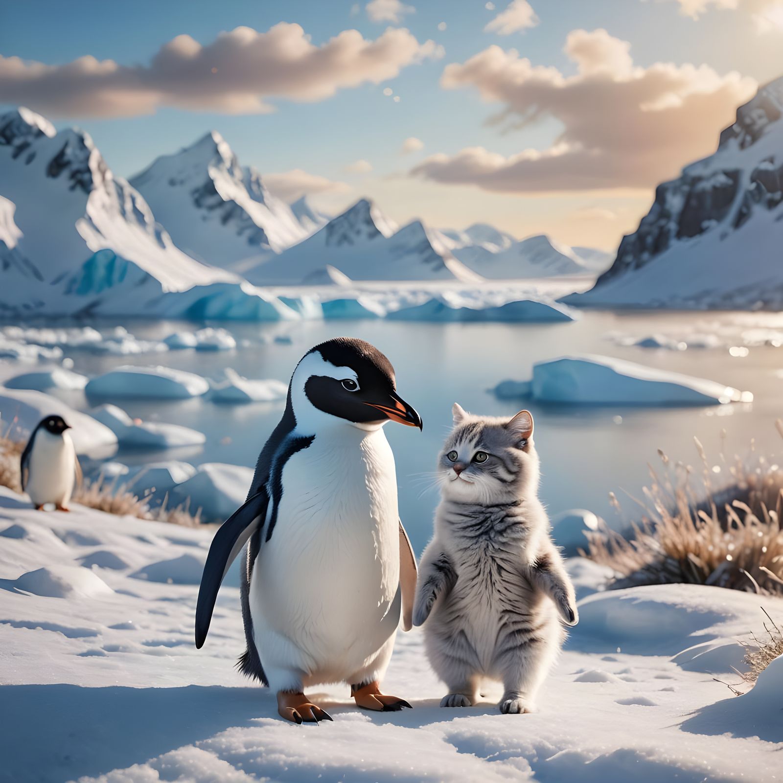Penguin with Cat Features in Arctic Landscape