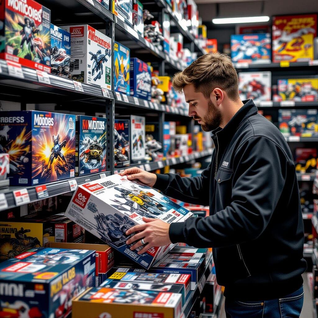 Model Builder Selects Kit Amidst Shelves of Models