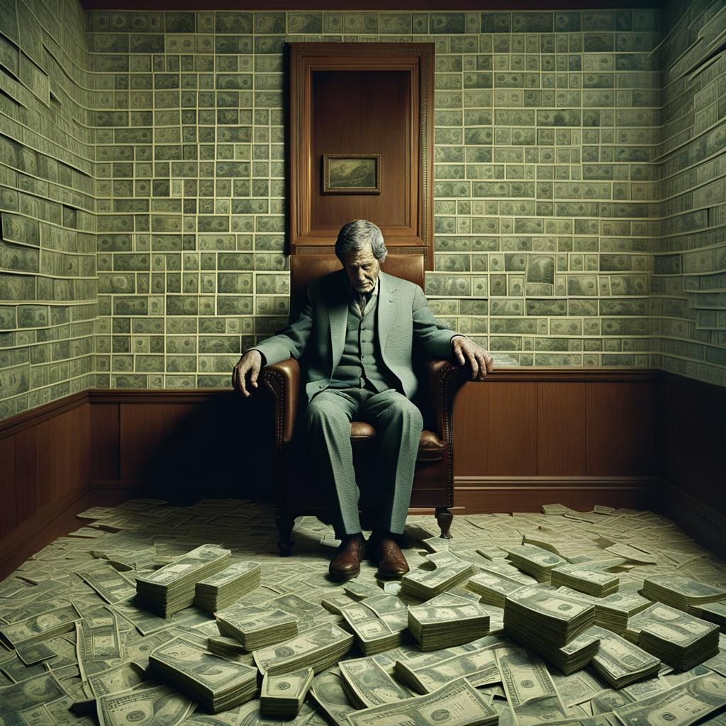 Lonely Man in Dollar Bill House