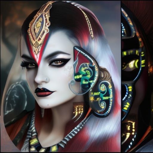 NeoVictorian Tattooed Woman Portrait in Zentangle Style