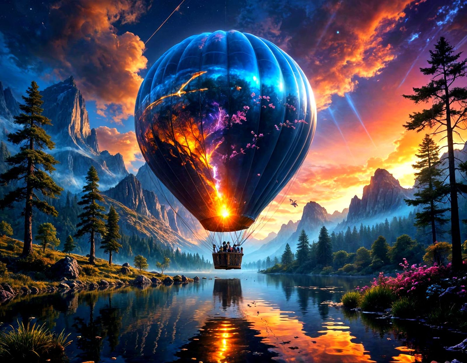 Chrome Hot Air Balloon Soaring Over Dreamlike Forest