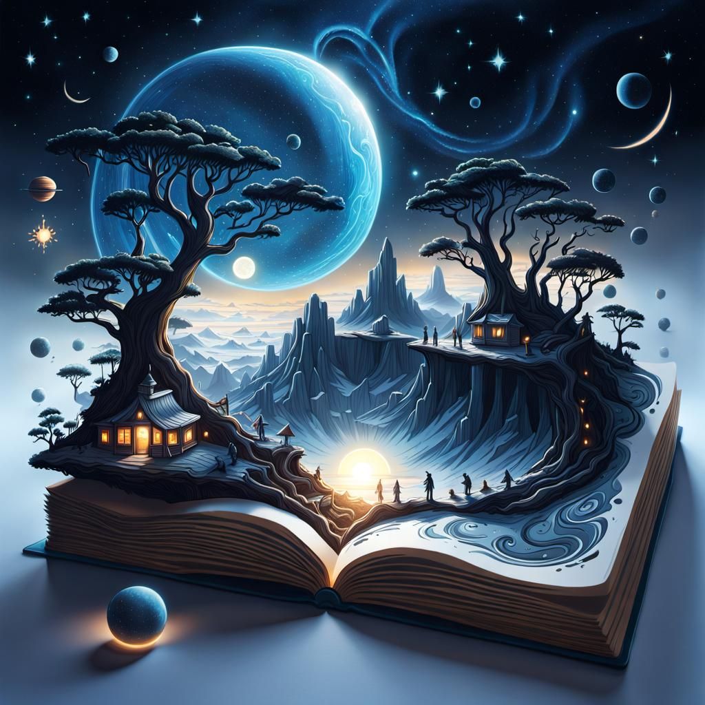 Miniature Campsite Emerges from Book, Surreal Digital Art