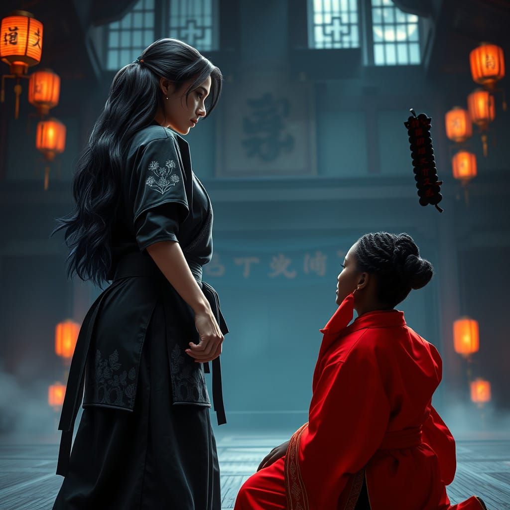 Ethereal Martial Arts Showdown Under Moonlit Dojo Skies