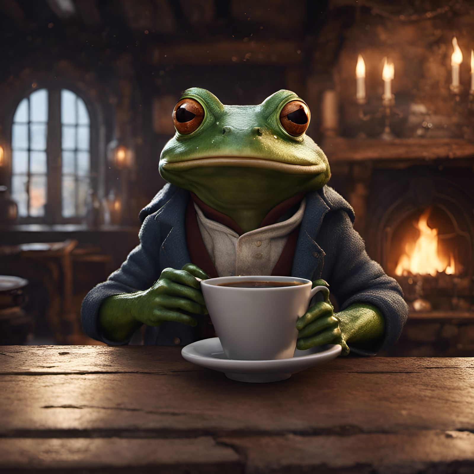 Frog Sipping Coffee in Tavern: Fantasy Concept Art