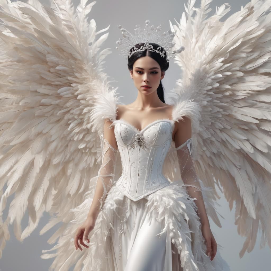 Woman with Ostrich Feather Wings in Digital Art Style