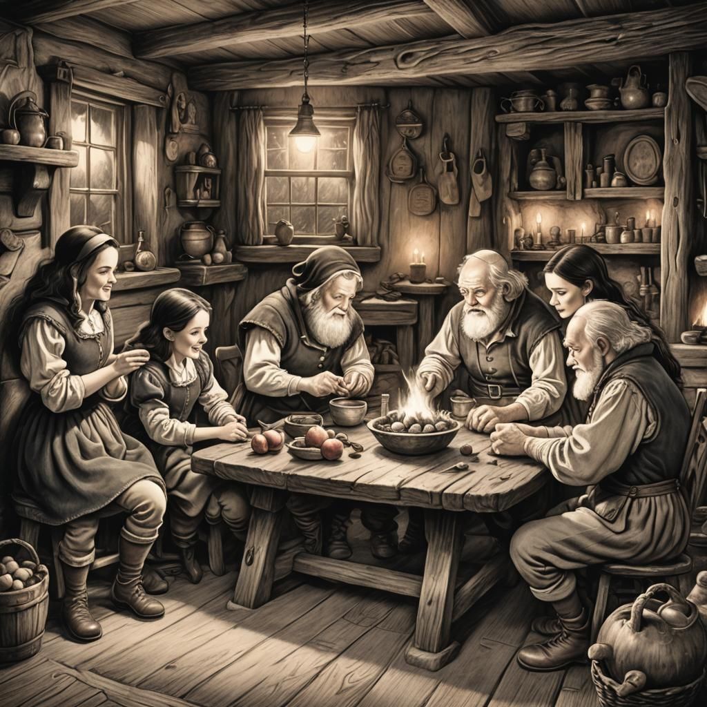 Snow White and Dwarves: Charcoal Drawing in Cottage