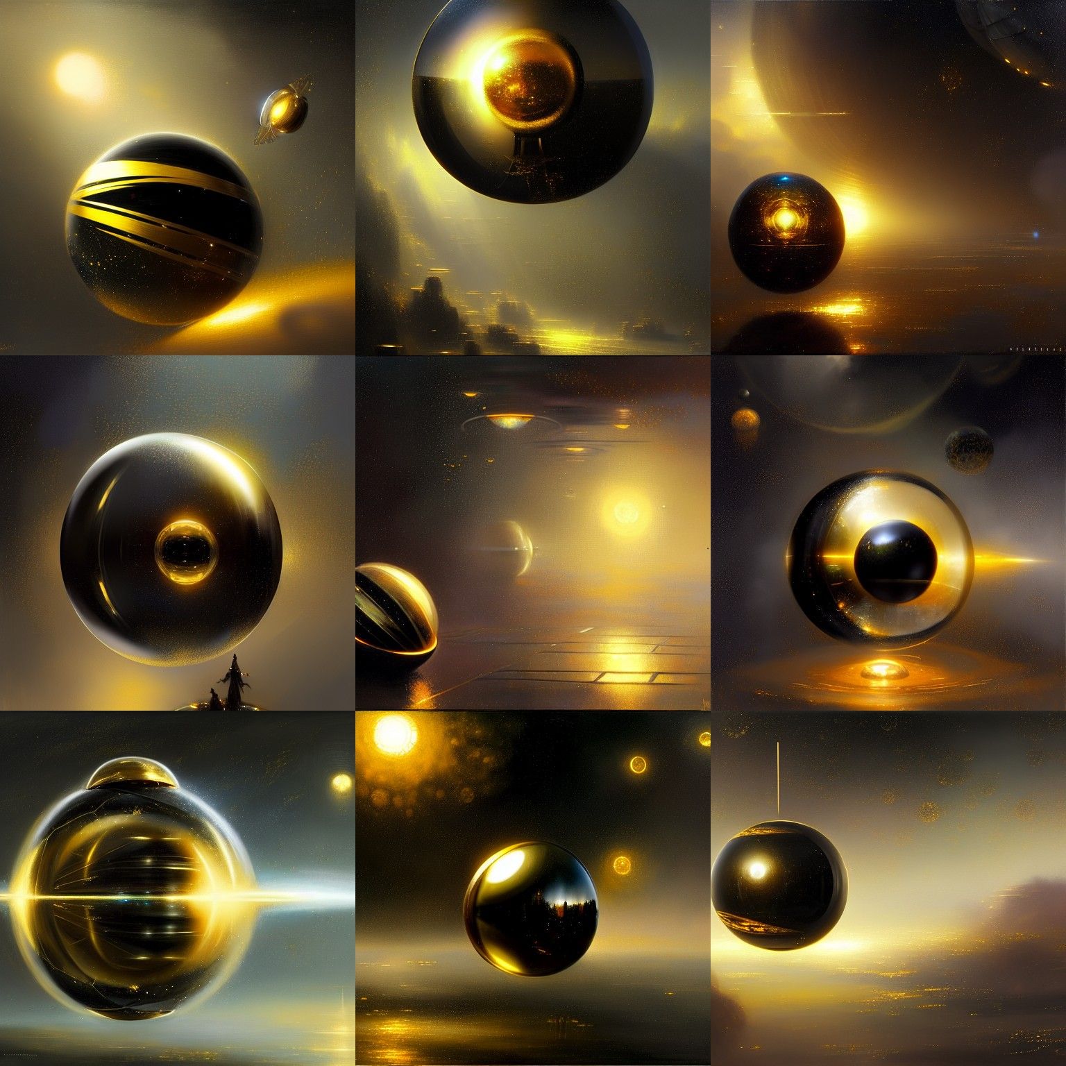 Black and Gold Spherical Spaceship in Ethereal Style