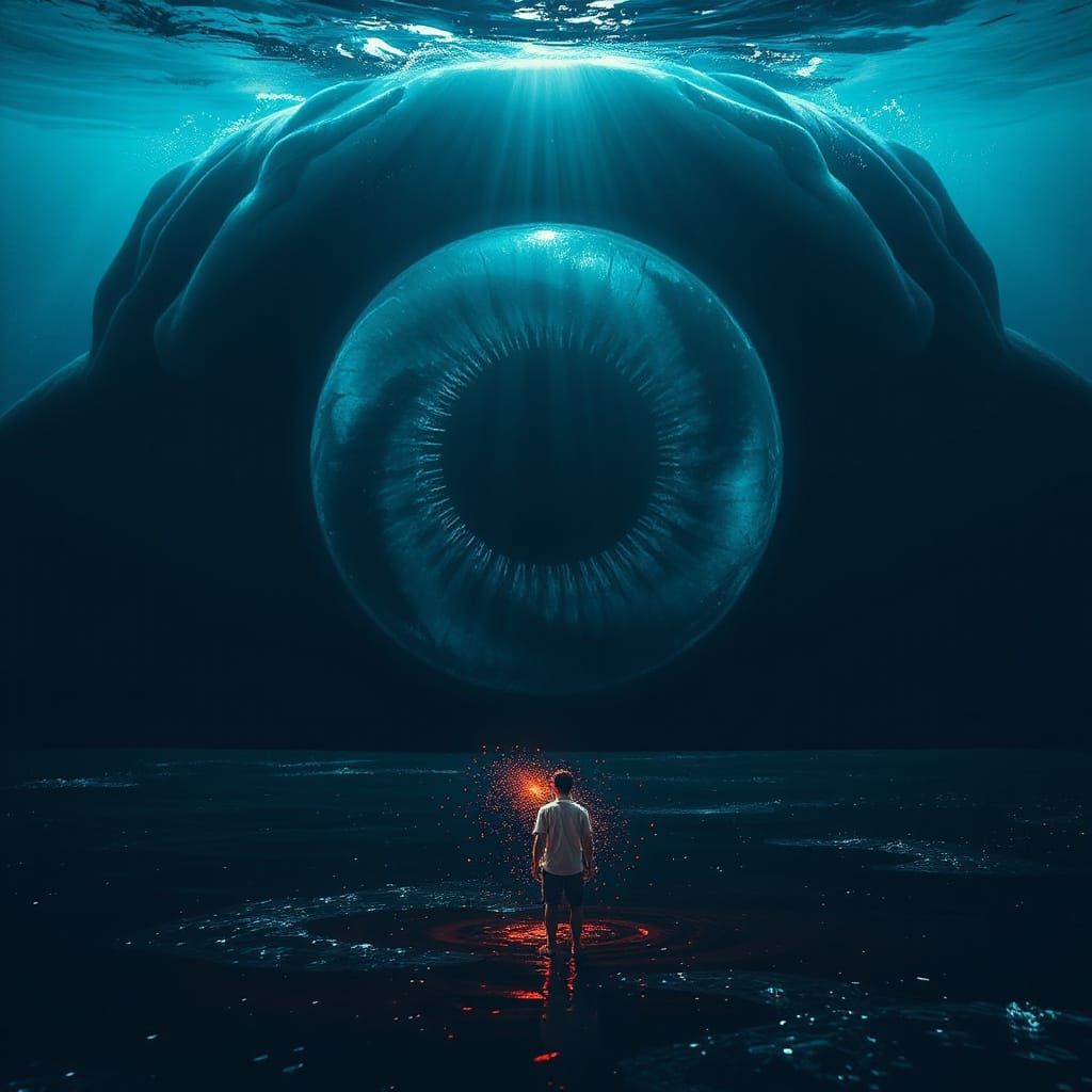 Colossal Deep Sea Eye Meets Tiny Human in Twilight Ocean