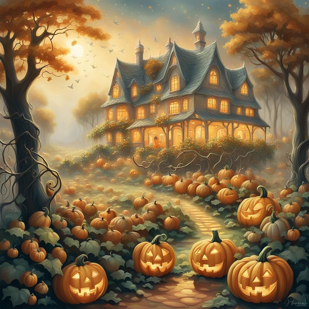 Houses in Pumpkin Field: Ethereal Fantasy Art