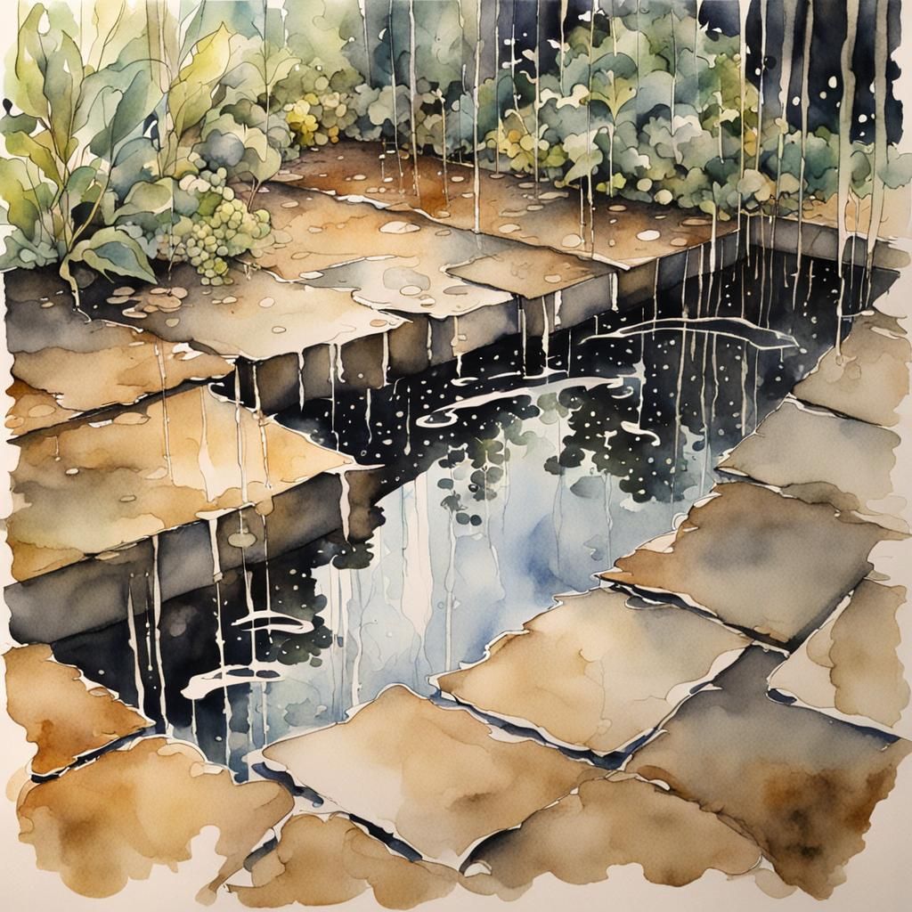 Rain Puddle Reflection in Watercolor Style