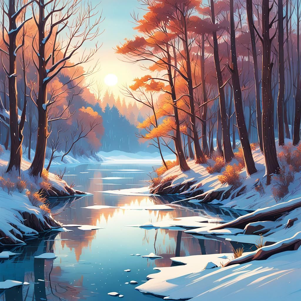 Serene Winter Landscape Art in Warm Light