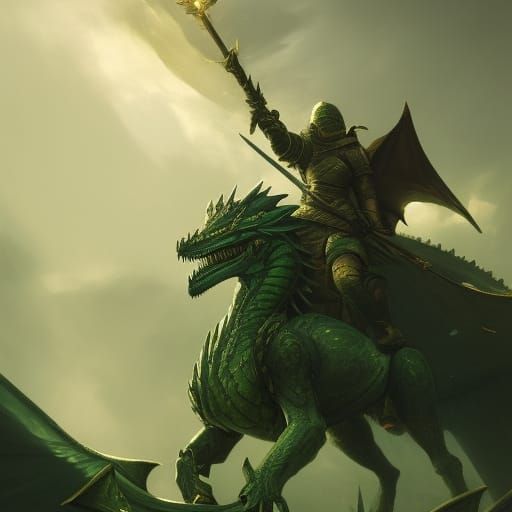 Green Knight Slaying Dragon: Dark Fantasy Art