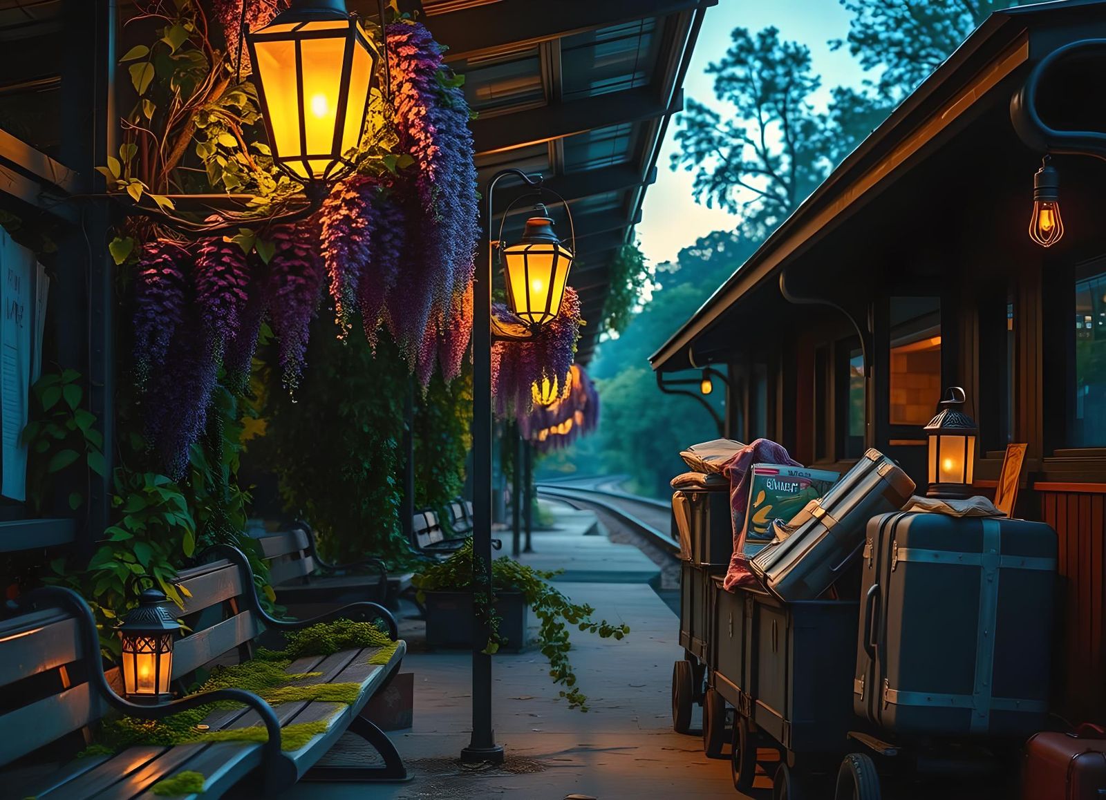 Old Train Station with Blooming Vines at Twilight