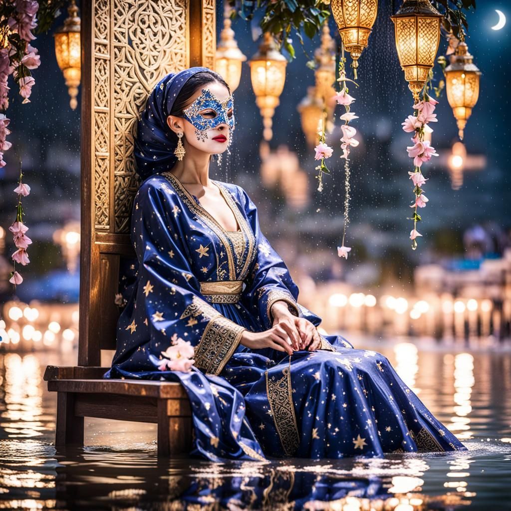Moroccan Woman in Moonlight with Petals and Mask