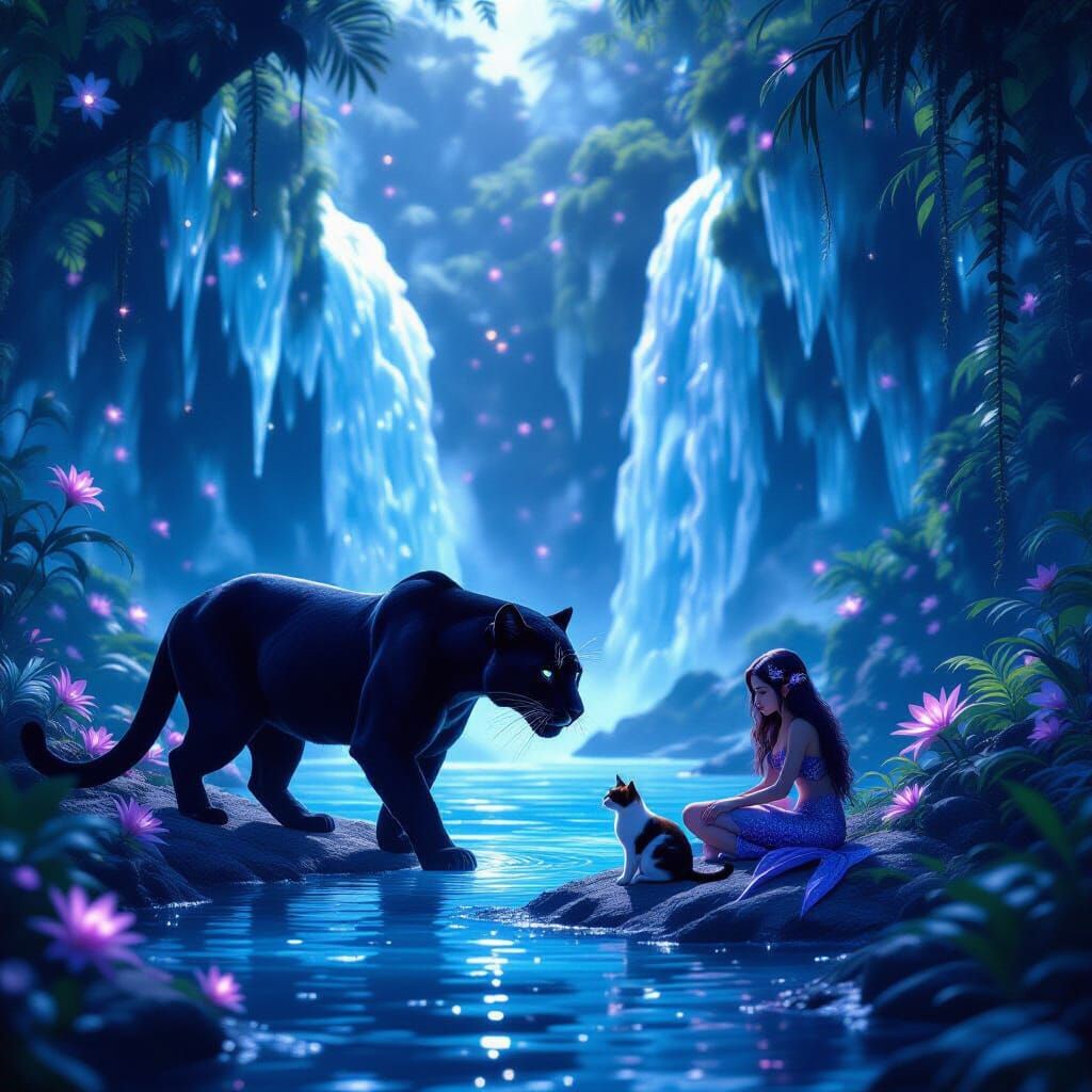 Panther Starlight in Alien Jungle with Crystal Waterfalls