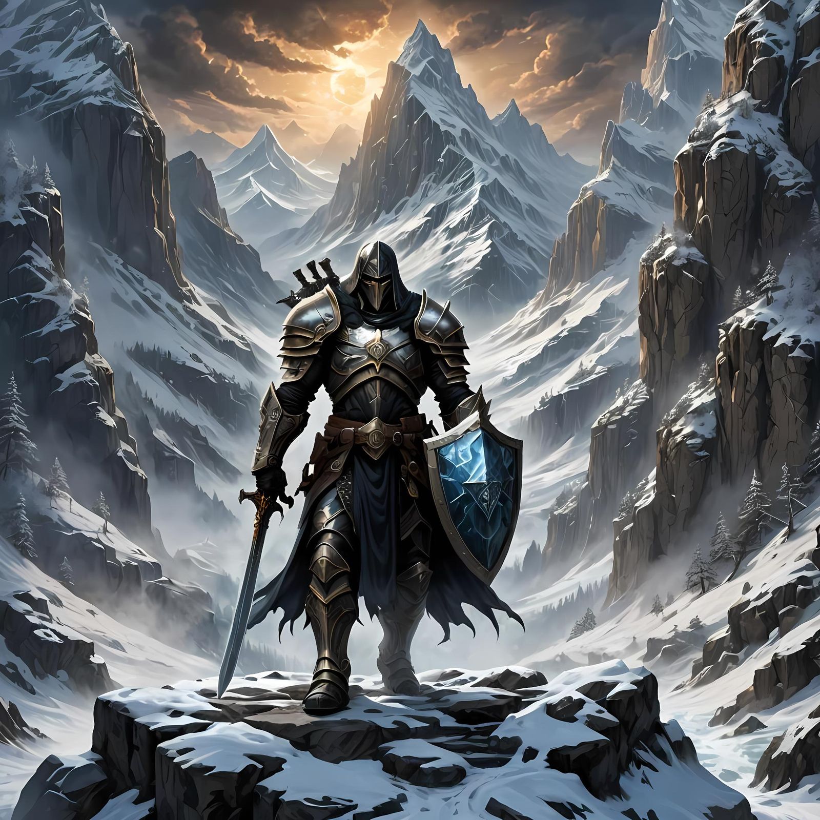 Paladin Guarding Mountain Pass in Winter