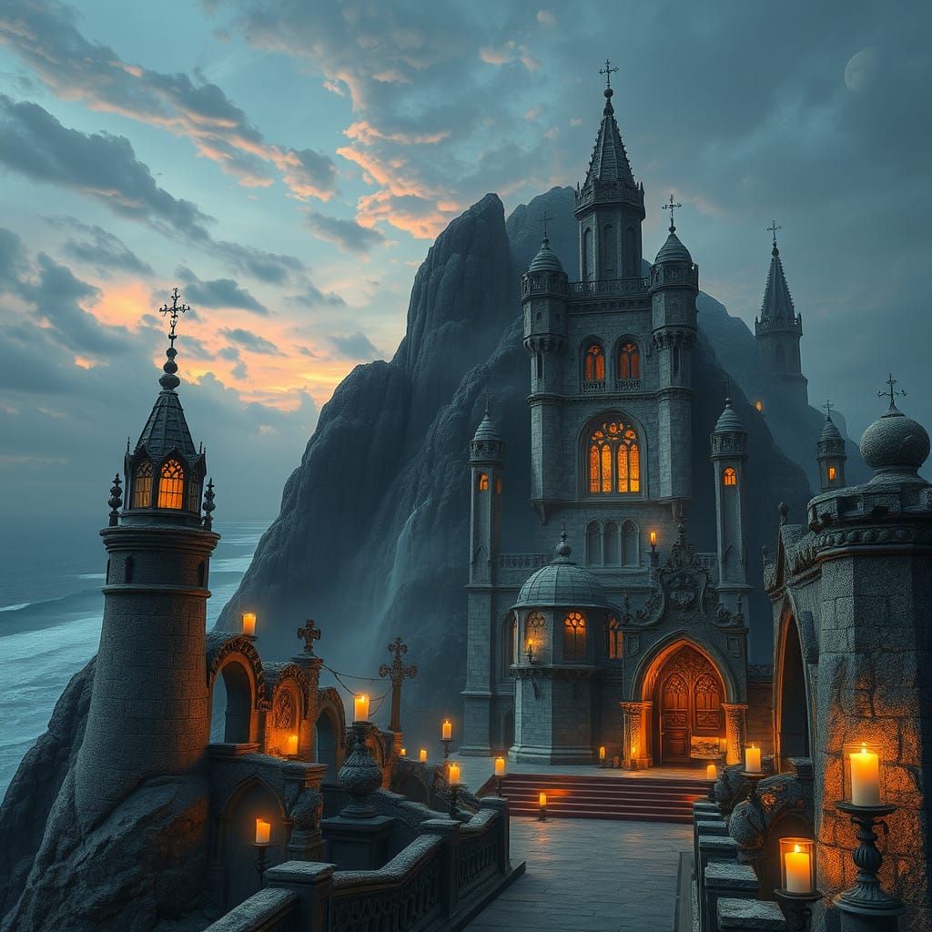 Surreal Medieval Castle at Dusk with Mysterious Altars and V...
