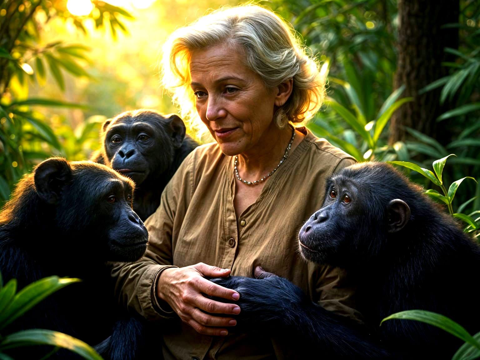 Regal Jane Goodall with Chimpanzees in Ethereal Jungle Light