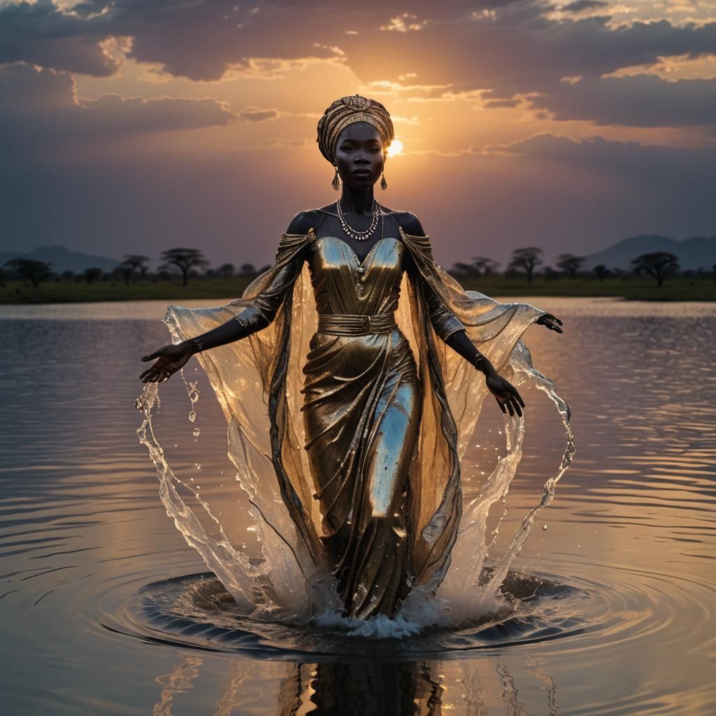 Elegant Water Woman Rising from Lake at Sunset